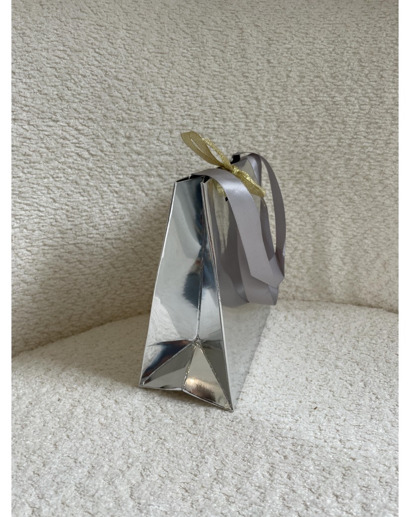 BOLSA DE PAPEL LUJO PLATEADA EFECTO ESPEJO – XS (16x8x16 cm)