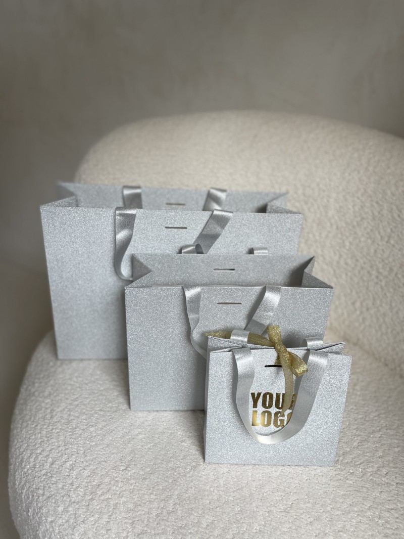 LUXUSPAPIERTASCHE SILBER GLITZER – S (25x10x20 cm)