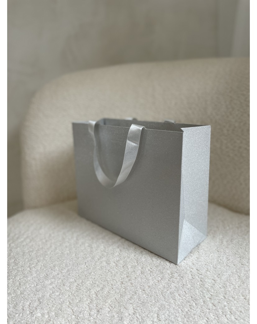 LUXUSPAPIERTASCHE SILBER GLITZER – S (25x10x20 cm)
