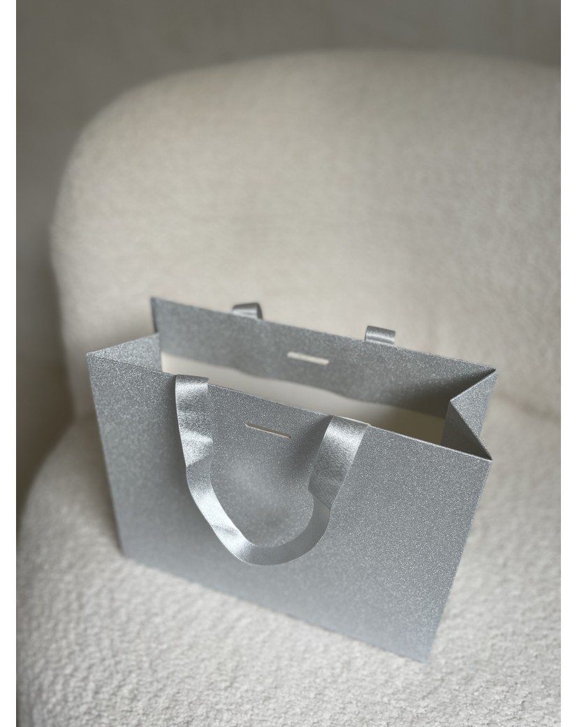 LUXUSPAPIERTASCHE SILBER GLITZER – S (25x10x20 cm)