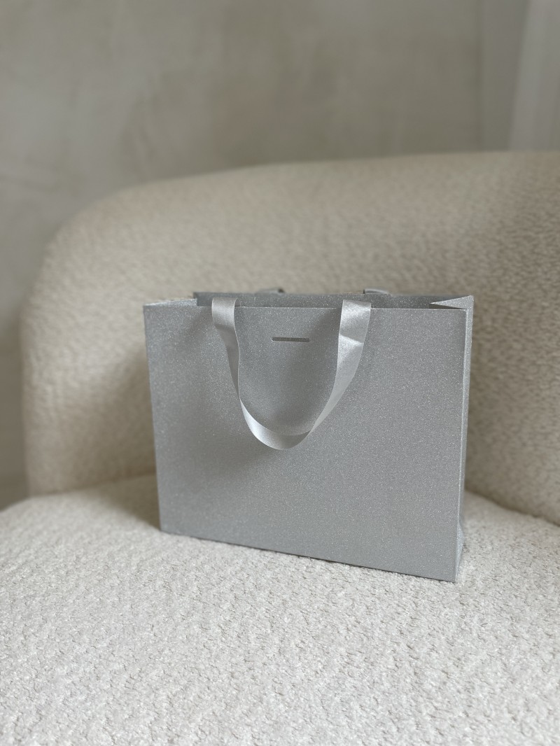 LUXUSPAPIERTASCHE SILBER GLITZER – S (25x10x20 cm)