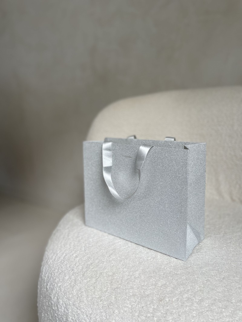 LUXUSPAPIERTASCHE SILBER GLITZER – S (25x10x20 cm)