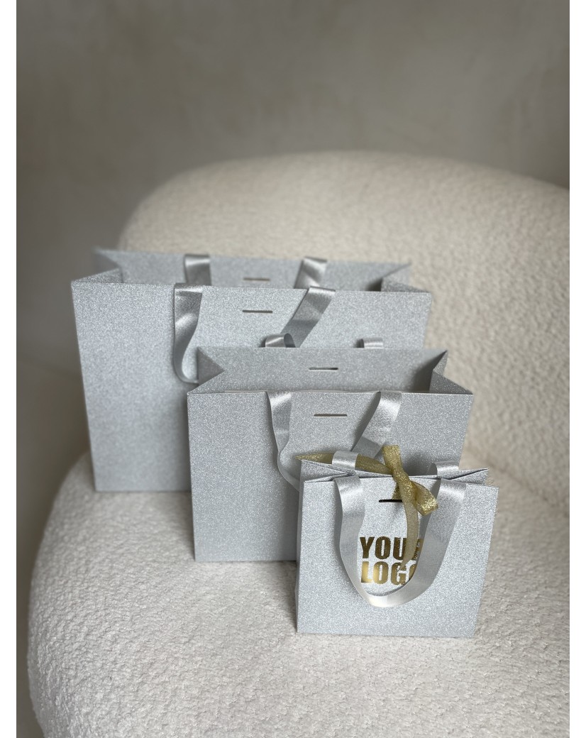 LUXUSPAPIERTASCHE SILBER GLITZER – M (35x12x25 cm)