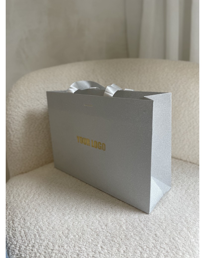 LUXUSPAPIERTASCHE SILBER GLITZER – M (35x12x25 cm)
