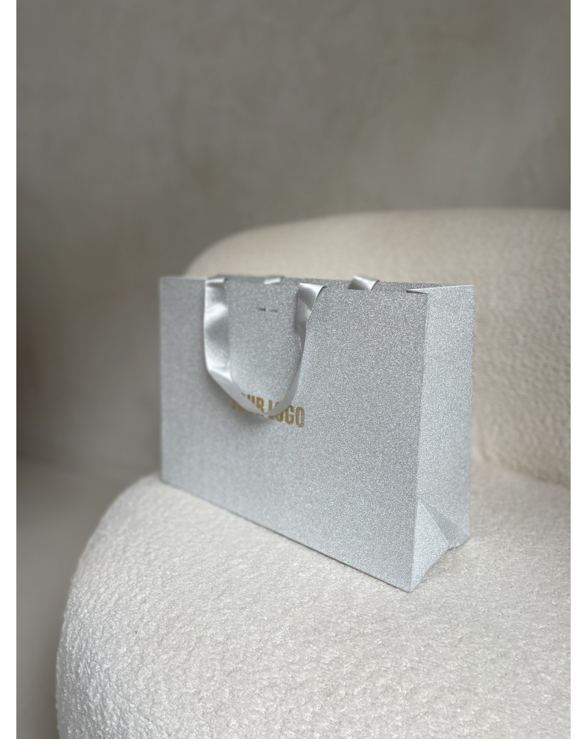 LUXUSPAPIERTASCHE SILBER GLITZER – M (35x12x25 cm)