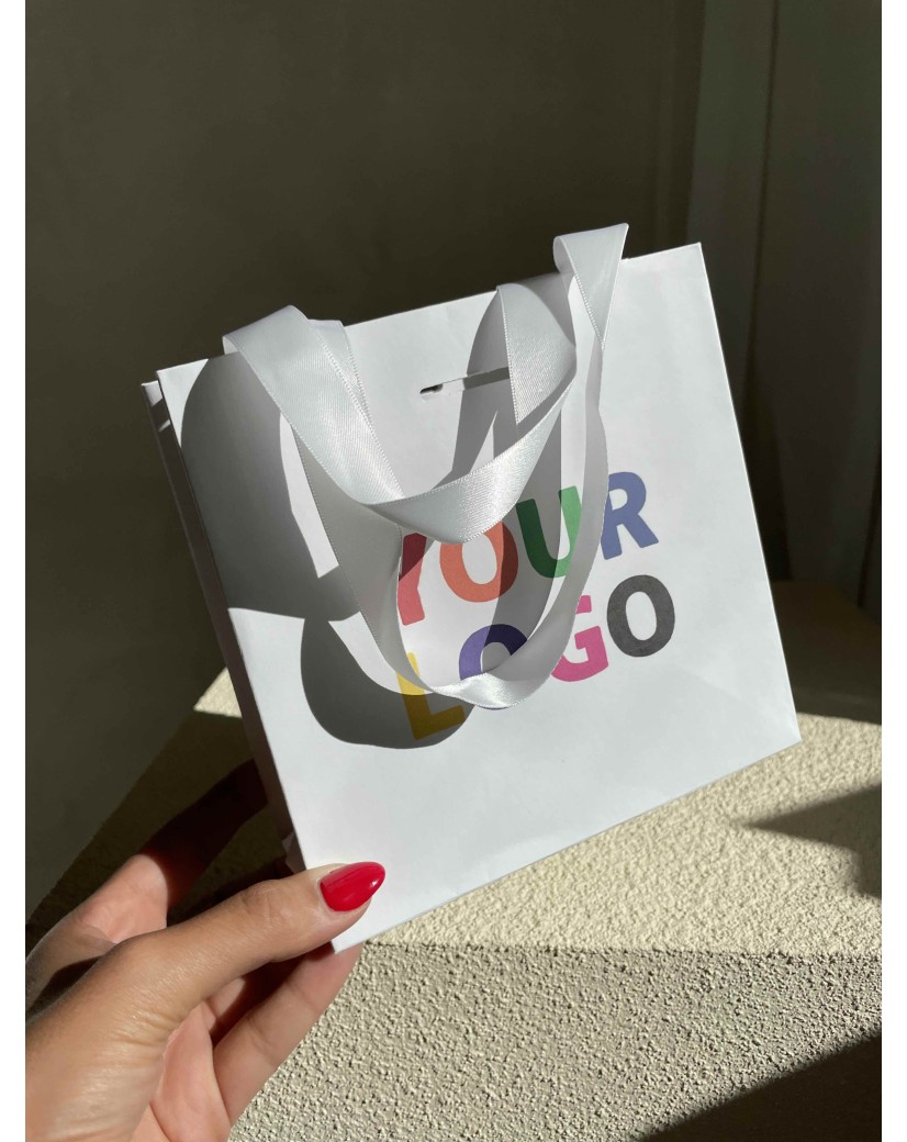 Luxus-Papiertüte Weiß – weiße Kordelhenkel – XS (16 x 8 x 16 cm)