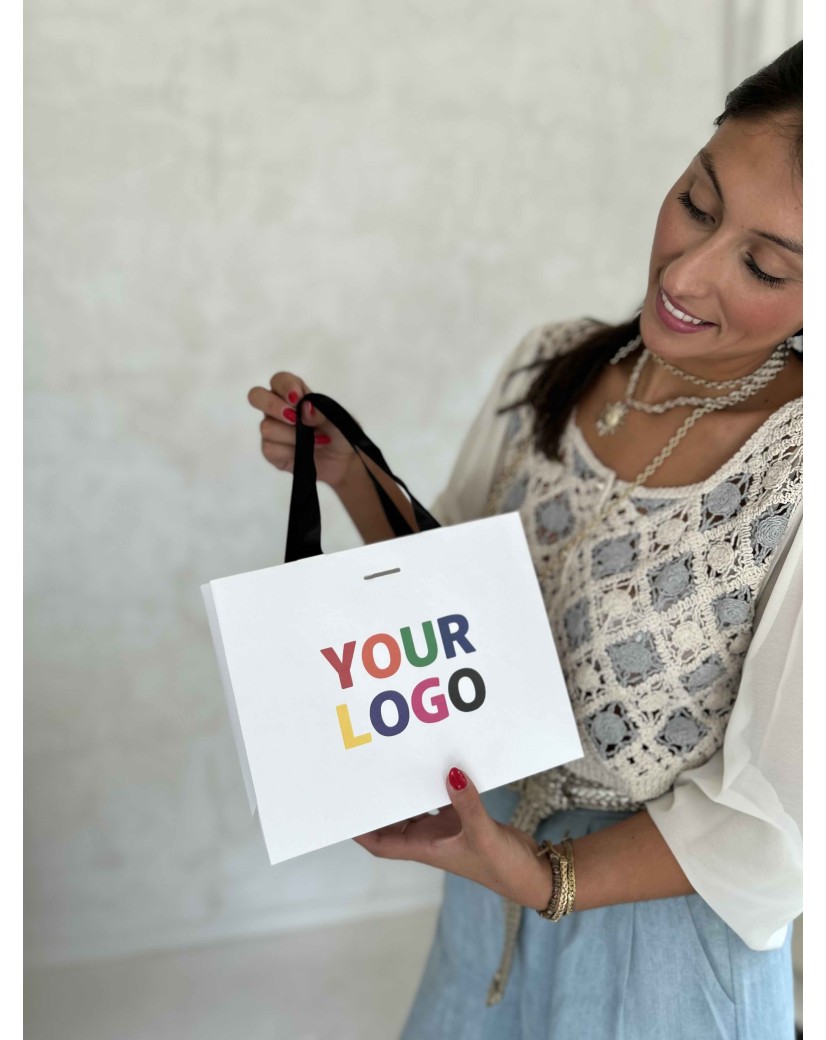 BOLSA DE PAPEL LUJO BLANCA – ASAS NEGRAS – S (25x10x20 cm)