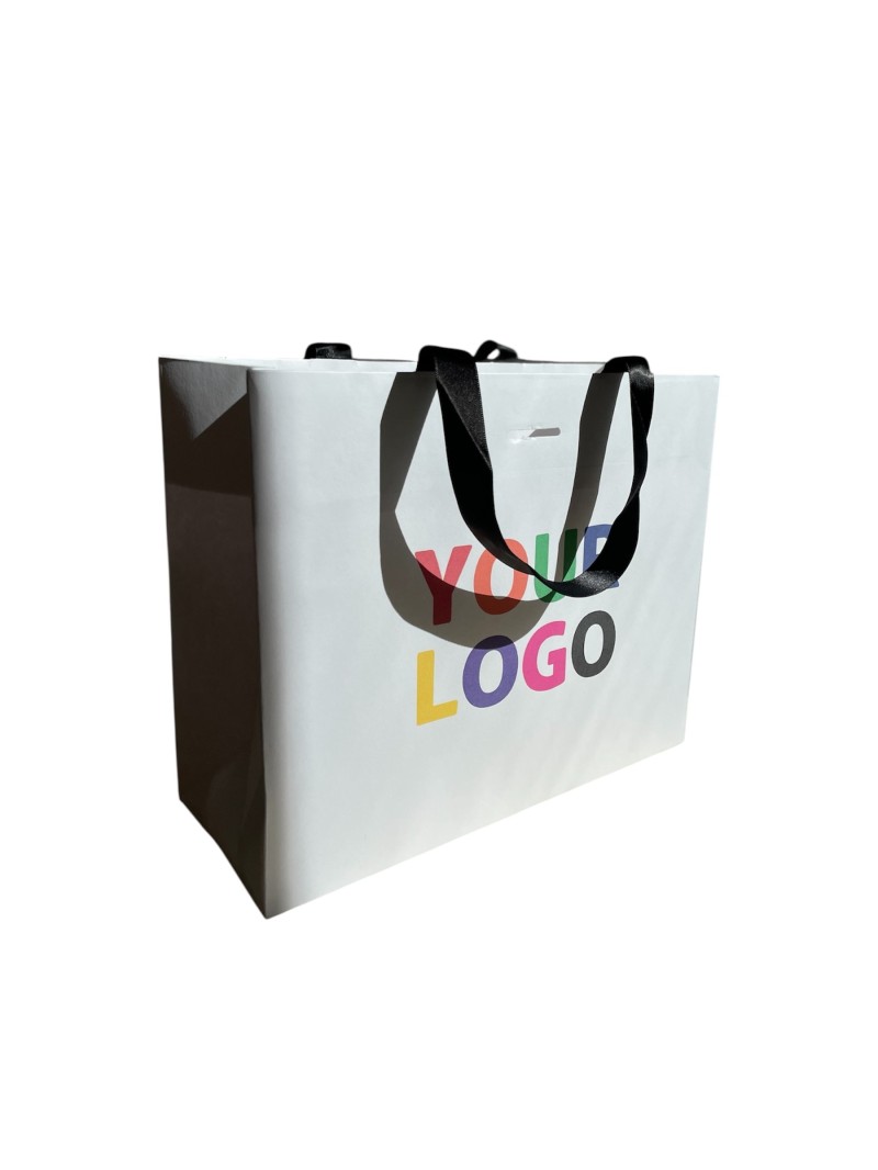 LUXURY PAPER BAG WHITE – BLACK HANDLES – M (35x12x25 cm)