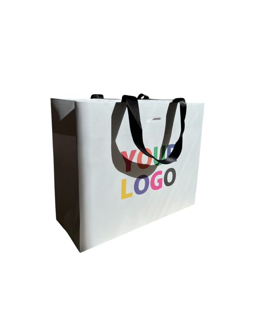 LUXUSPAPIERTASCHE WEISS – SCHWARZE HENKEL – M (35x12x25 cm)