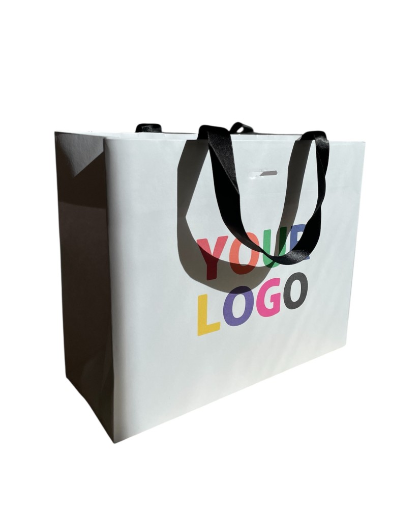 LUXUSPAPIERTASCHE WEISS – SCHWARZE HENKEL – L (45x14x35 cm)