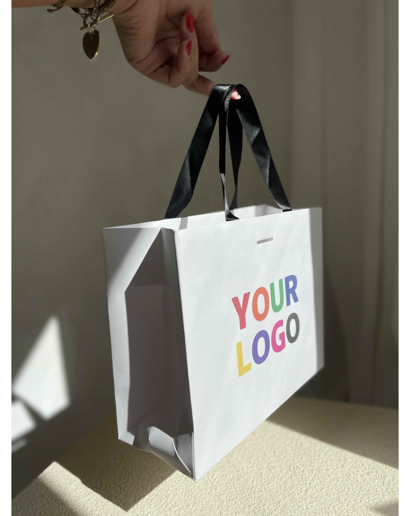 LUXURY PAPER BAG WHITE – BLACK HANDLES – S (25x10x20 cm)