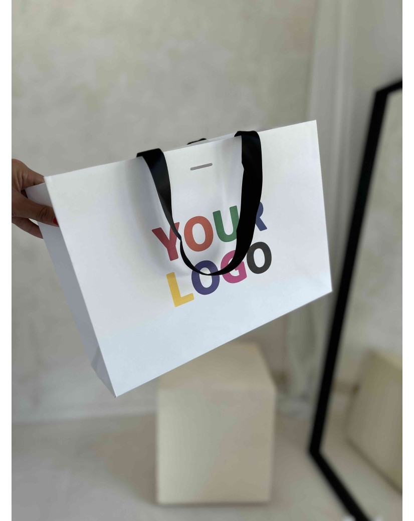 LUXURY PAPER BAG WHITE – BLACK HANDLES – M (35x12x25 cm)