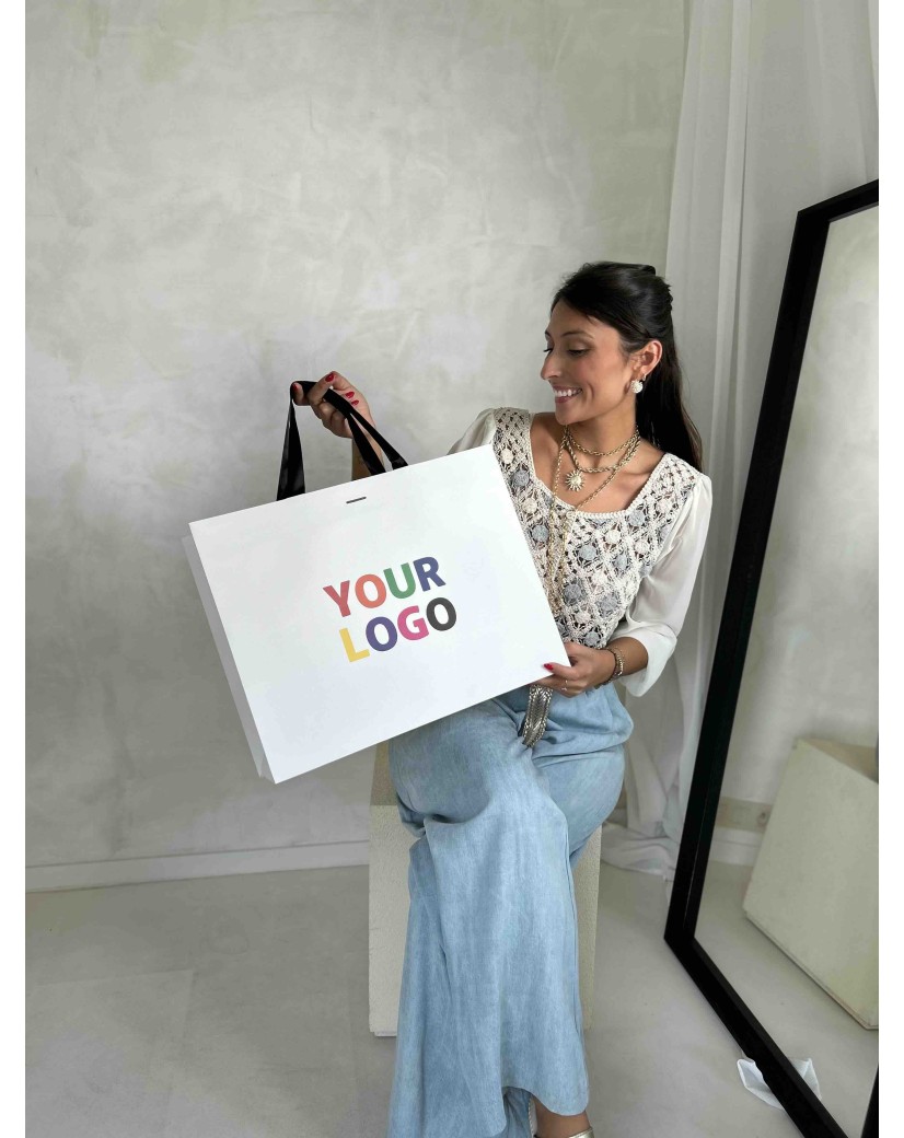 BOLSA DE PAPEL LUJO BLANCA – ASAS NEGRAS – L (45x14x35 cm)