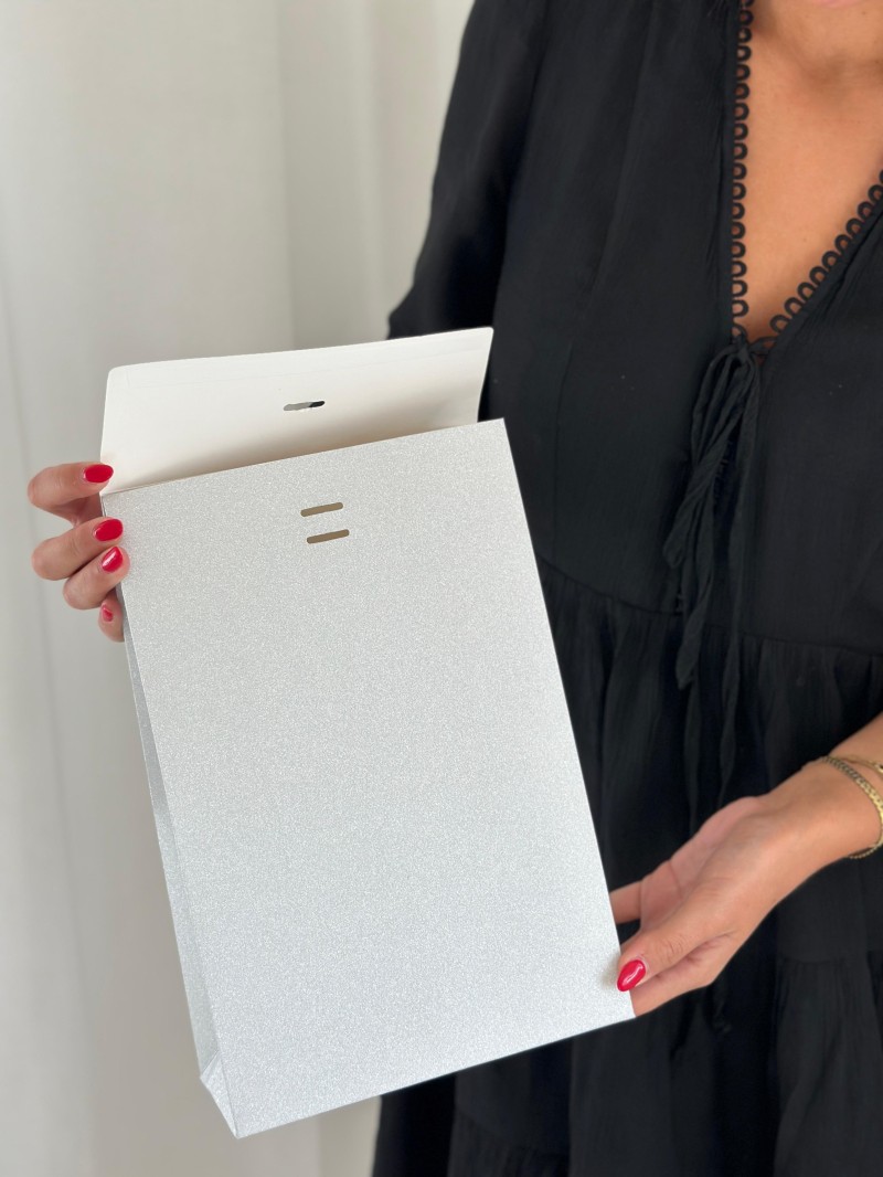 PRESTIGE-TASCHE SILBER GLITZER – M (20x10x30 cm)