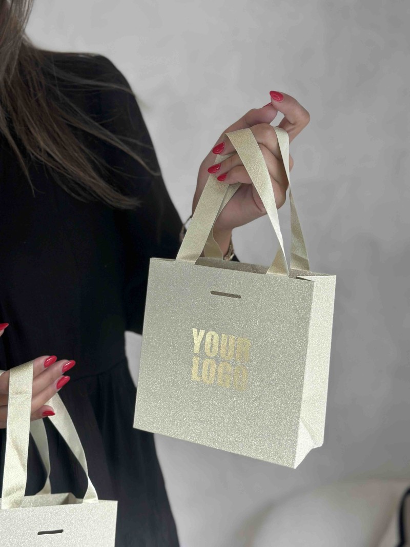 LUXUSPAPIERTASCHE GOLD GLITZER – XS (16x8x16 cm)