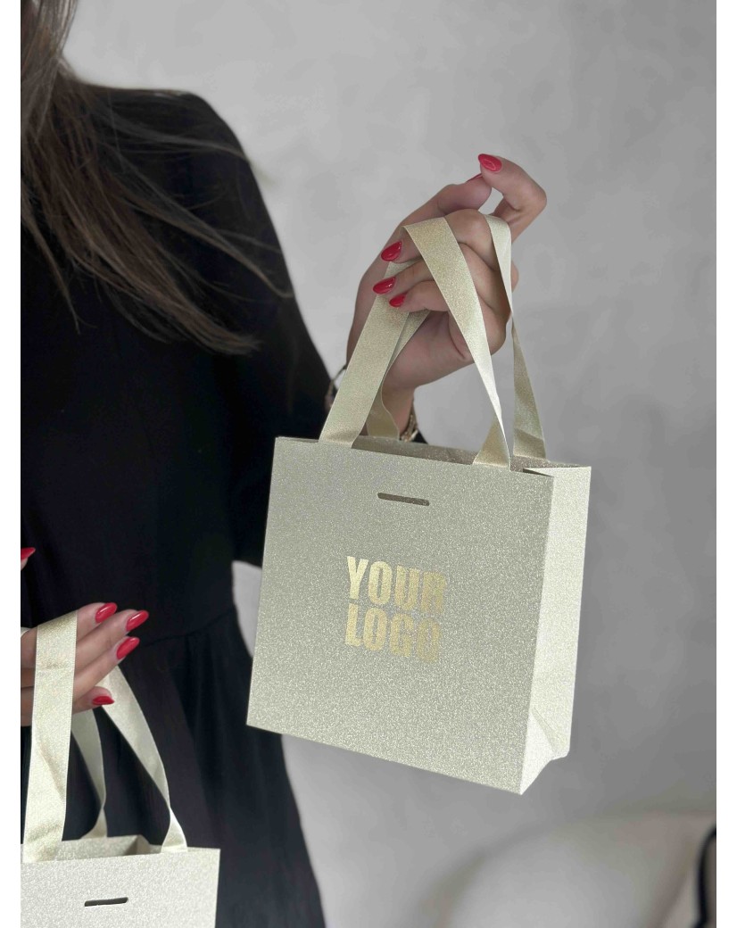 LUXUSPAPIERTASCHE GOLD GLITZER – XS (16x8x16 cm)
