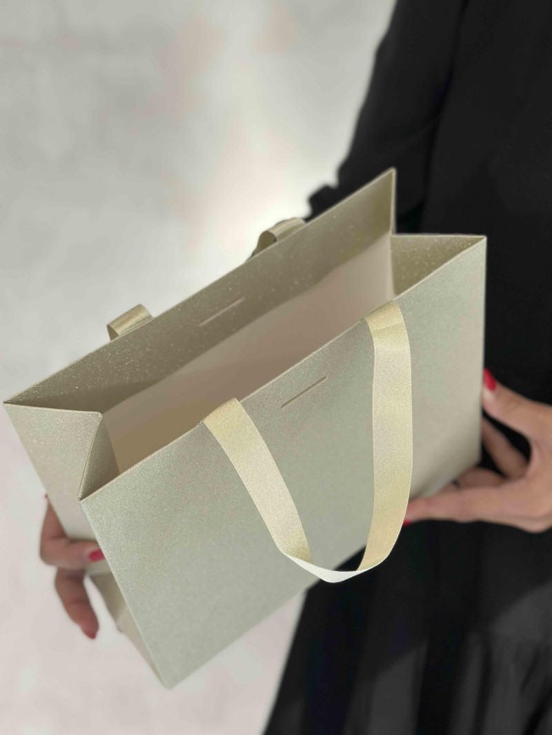 LUXUSPAPIERTASCHE GOLD GLITZER – S (25x10x20 cm)