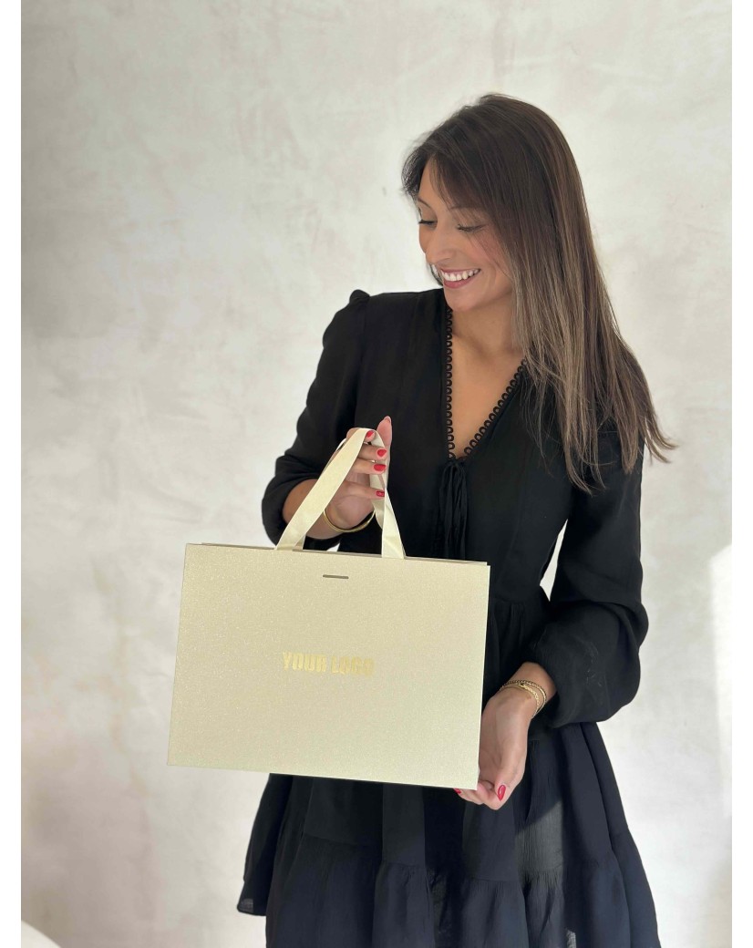 LUXUSPAPIERTASCHE GOLD GLITZER – M (35x12x25 cm)