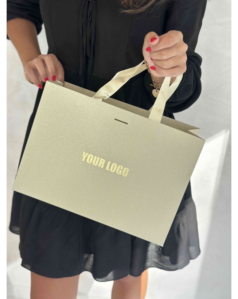 LUXUSPAPIERTASCHE GOLD GLITZER – M (35x12x25 cm)