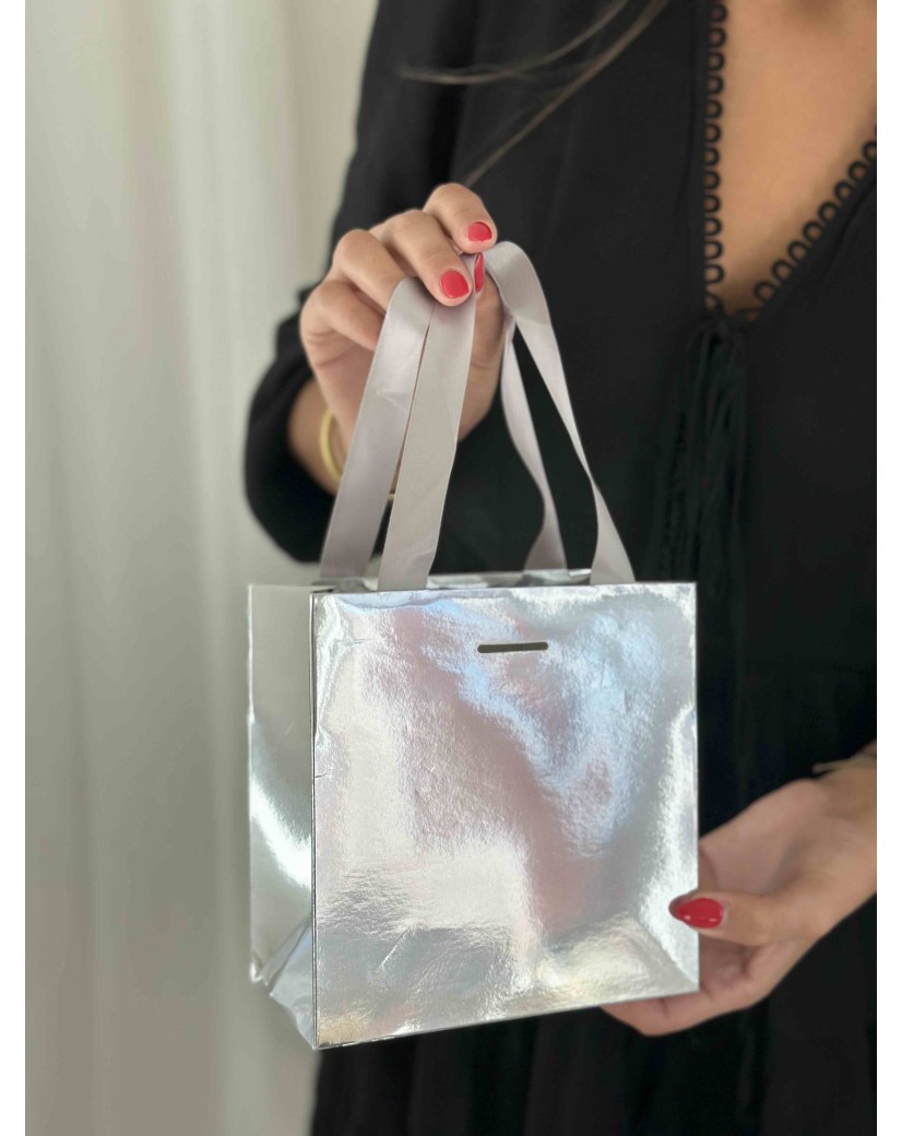 LUXUSPAPIERTASCHE SILBER SPIEGEL – XS (16x8x16 cm)