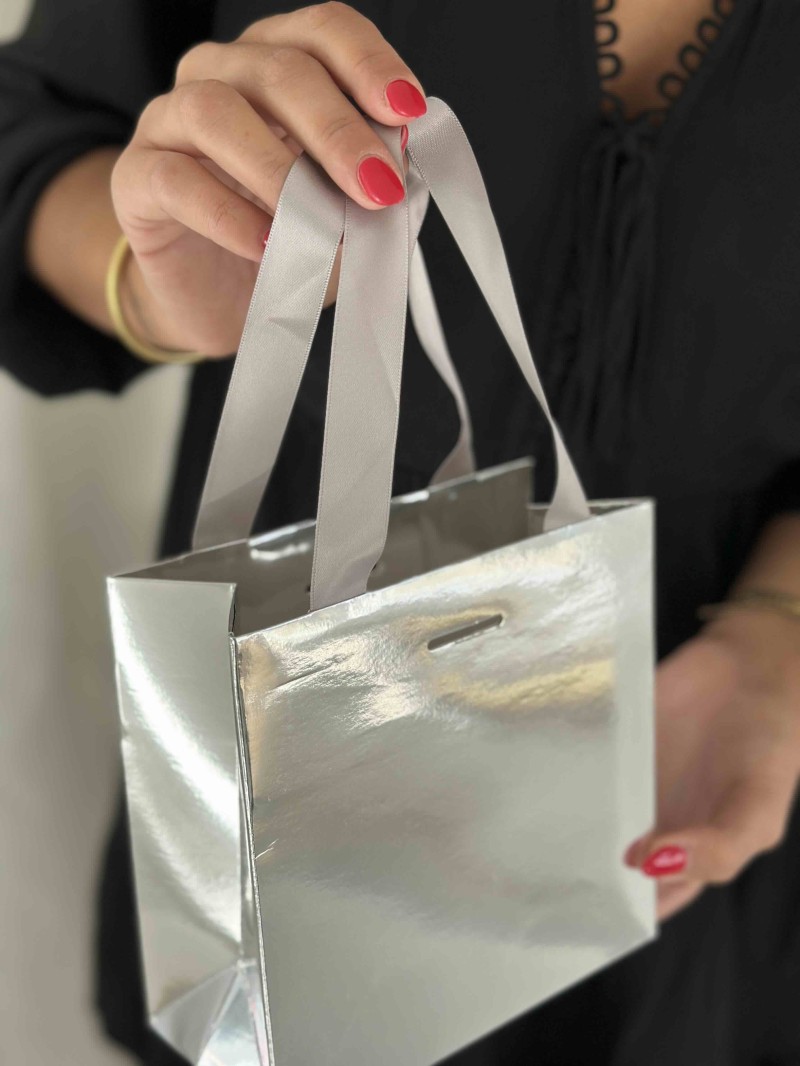 LUXUSPAPIERTASCHE SILBER SPIEGEL – XS (16x8x16 cm)
