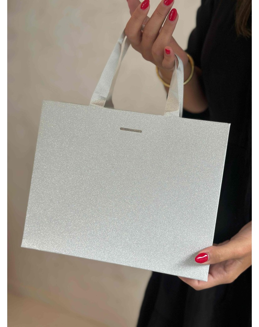 LUXUSPAPIERTASCHE SILBER GLITZER – S (25x10x20 cm)