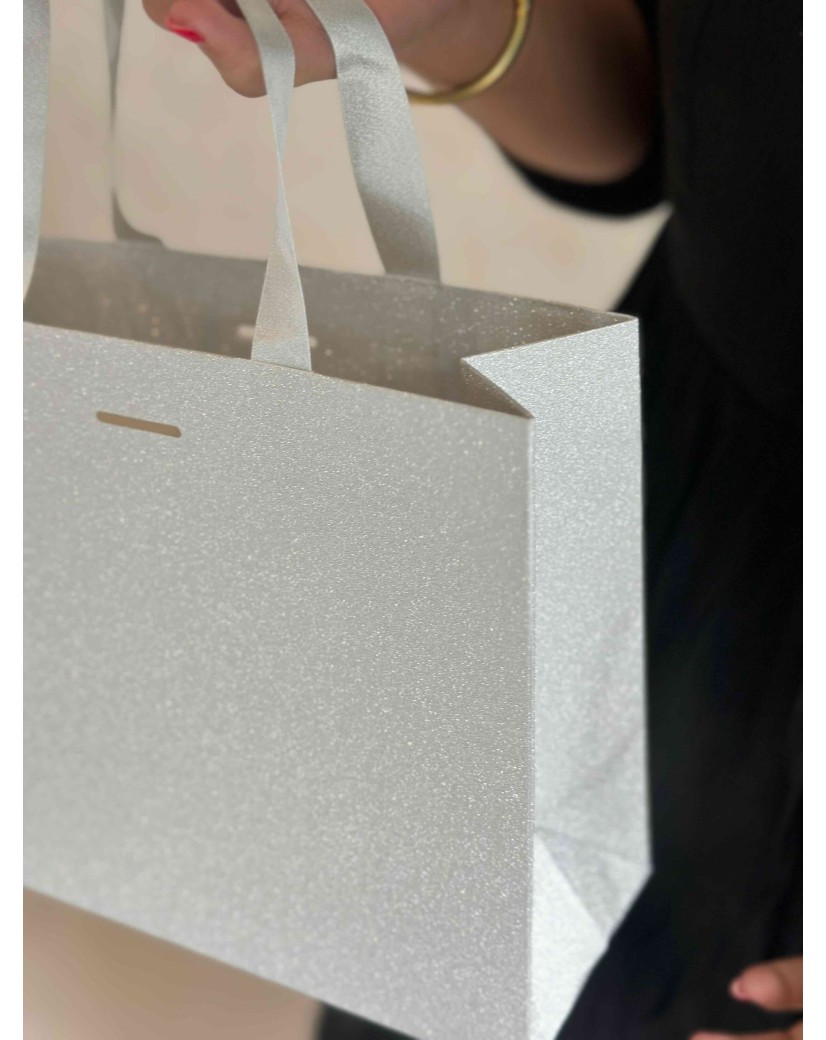 Luxe papieren tas - GLITTER ZILVER - S (25x10x20CM)