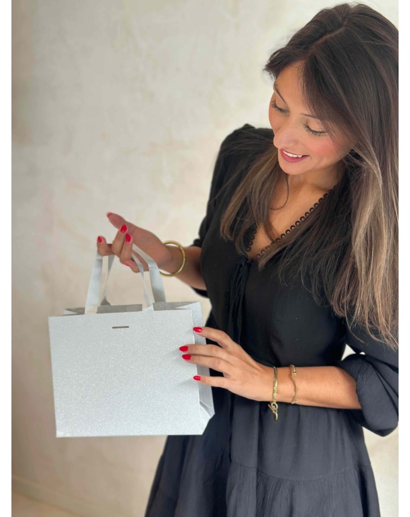 LUXUSPAPIERTASCHE SILBER GLITZER – S (25x10x20 cm)