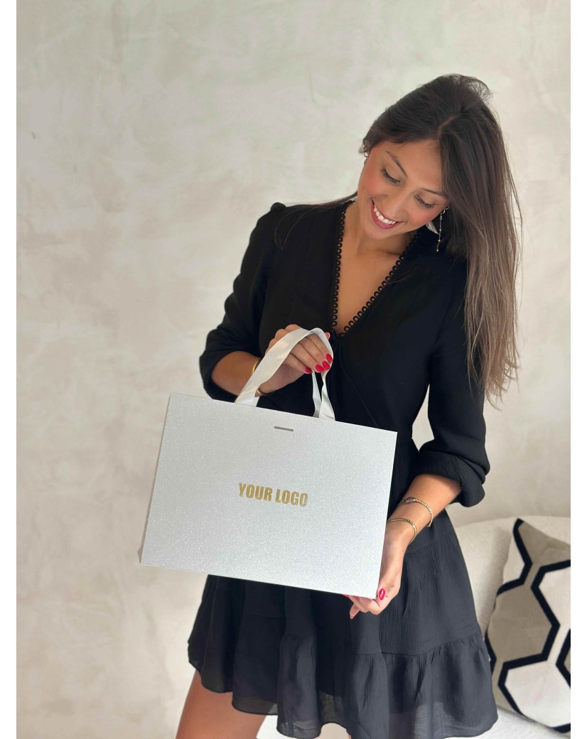 LUXUSPAPIERTASCHE SILBER GLITZER – M (35x12x25 cm)