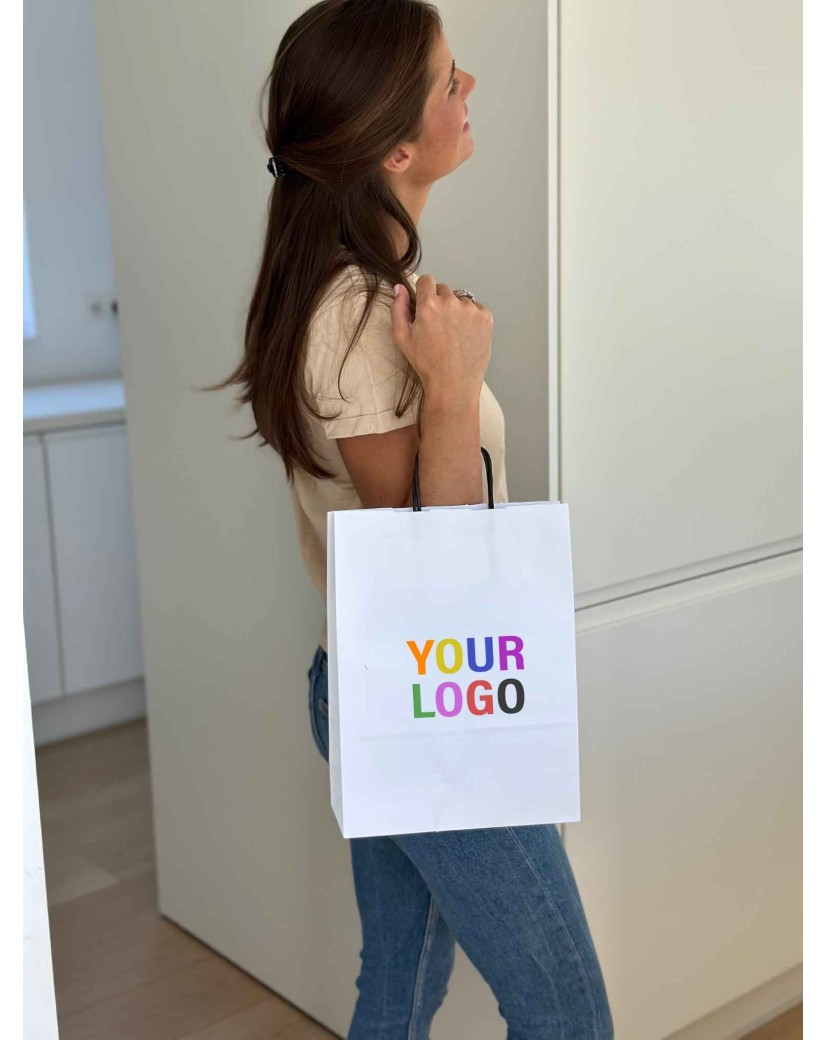 Sac kraft Blanc M – Avec Poignées Noires Et Logo Bien En Vue