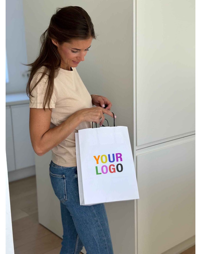 Sac kraft Blanc M – Avec Poignées Noires Et Logo Bien En Vue