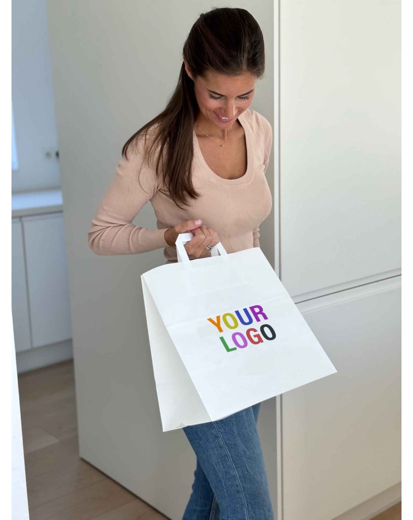 Weiße Papiertüten mit Flachgriffen – Snack/Takeaway-Format (32×21×33 cm)