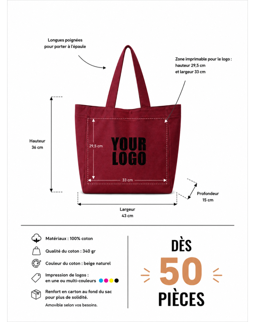 SAC COTON "NANCY" - BORDEAUX (43x15x36cm)