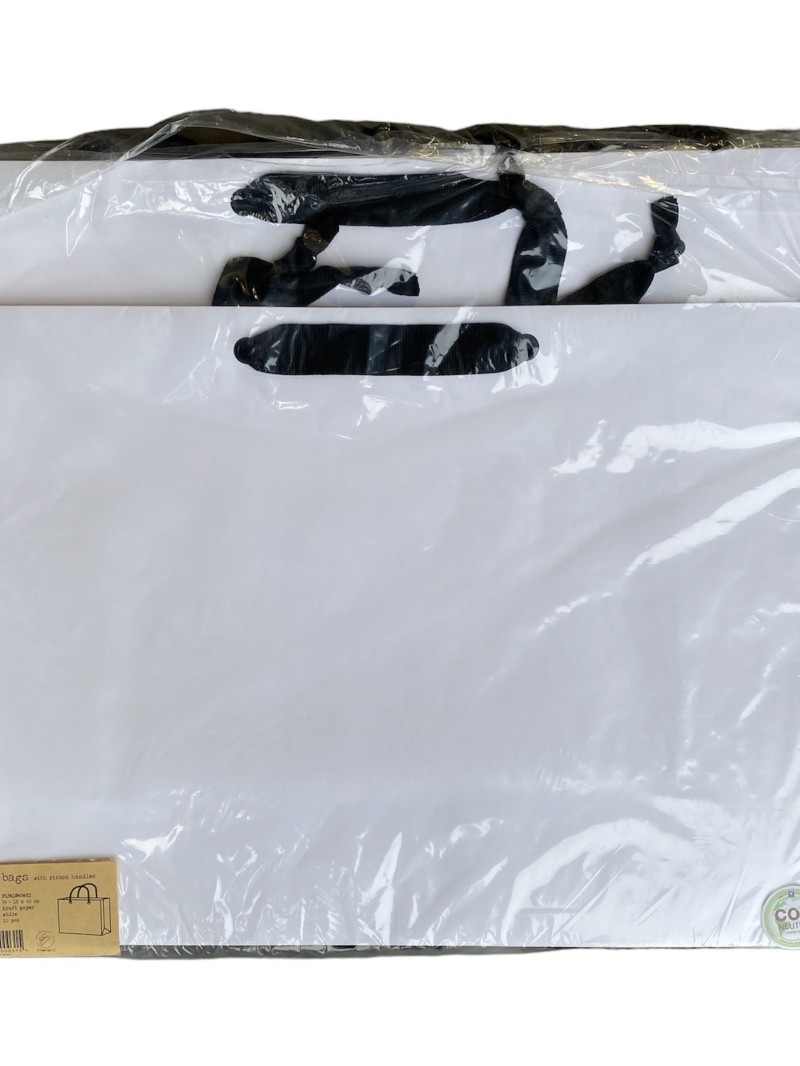 Bolsa de papel blanca con asas de cinta negra