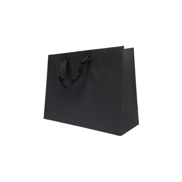 Schwarze Papiertüte mit schwarzen Satinbändern