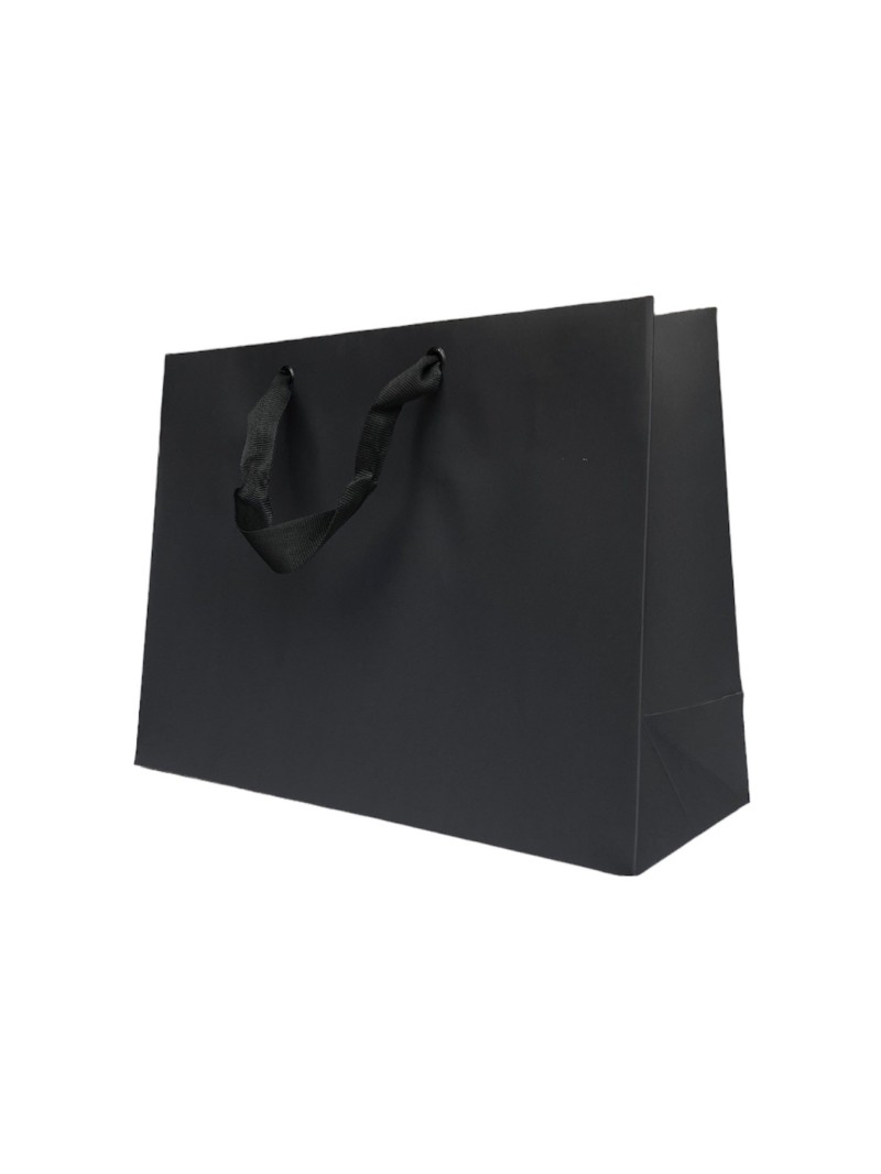 Black paper bag with black ribbon handles
