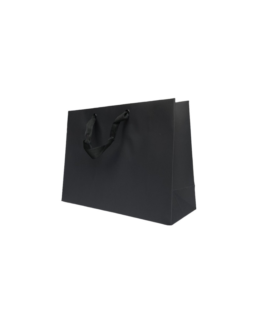 Black paper bag with black ribbon handles