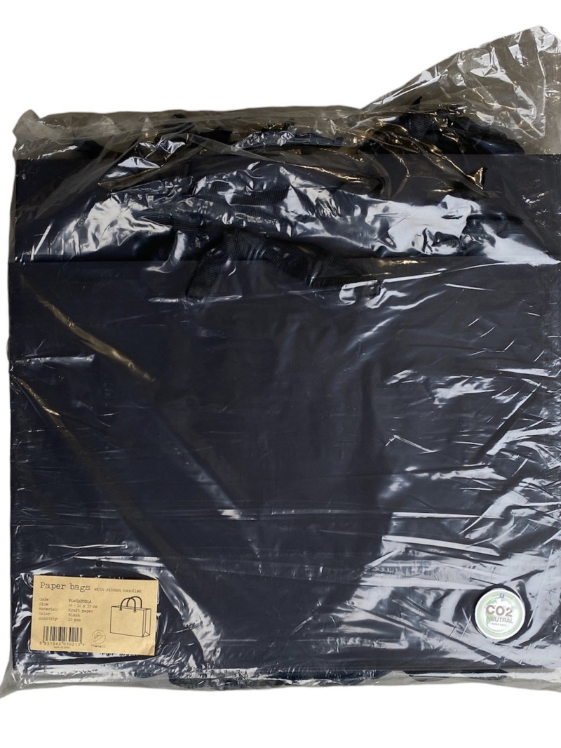 Black paper bag with black ribbon handles