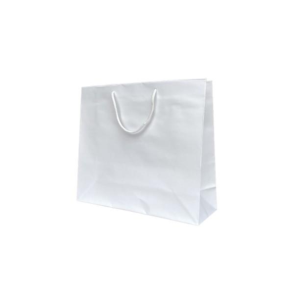 Weiße Papiertüte mit weißen Kordelgriffen